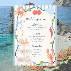 Może przedstawiać: Menu weselne z niebiesko-białym paskowanym tłem. Menu zawiera ilustracje owoc&oacute;w morza, owoc&oacute;w i warzyw. Tekst na menu brzmi: "Wedding Menu", "Starters", "Lemon Basil Risotto with Seared Scallops", "Mains", "Rosemary-Crusted Lamb with Fig and Balsamic Reduction", "Desserts", "Lavender Honey Panna Cotta with Berry Compote".