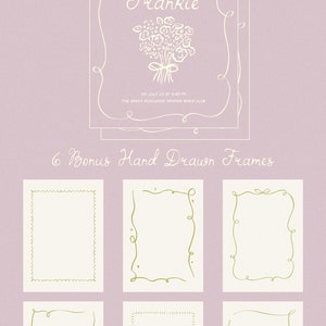 May include: A wedding invitation with a white background and a white border. The text reads "Join us to celebrate the wedding of Amanda & Frankie on July 25 at 5:00 PM The Green Rosewood Miramar Beach Club". There is a bouquet of flowers in the center of the invitation. The invitation is surrounded by six hand-drawn frames.