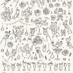 May include: A black and white illustration set of 180 Christmas party elements. The set includes illustrations of Santa Claus, elves, reindeer, snowmen, baubles, presents, cocktails, and frames. The text "Christmas Party" is written in a decorative font.
