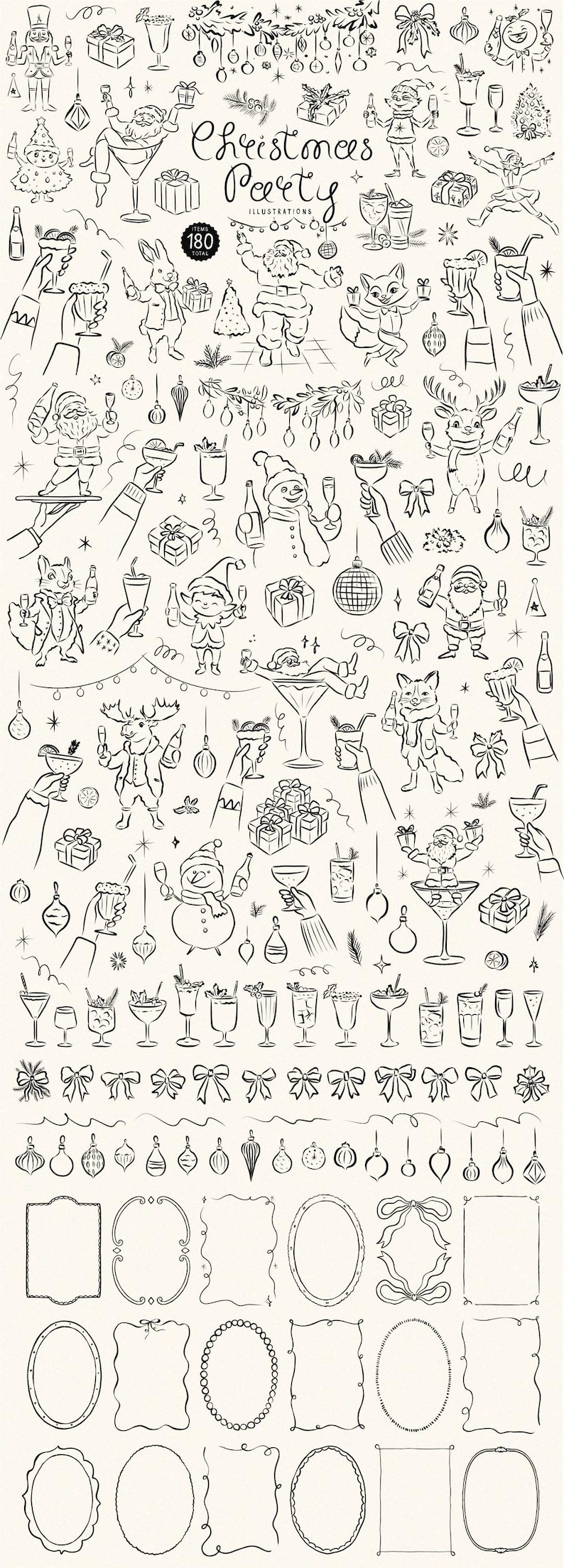 May include: A black and white illustration set of 180 Christmas party elements. The set includes illustrations of Santa Claus, elves, reindeer, snowmen, baubles, presents, cocktails, and frames. The text "Christmas Party" is written in a decorative font.