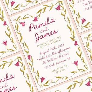 May include: Wedding invitation with a floral border in gold and pink. The invitation reads "Pamela and James" with the wedding date and location details.