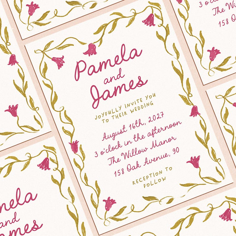 May include: Wedding invitation with a floral border in gold and pink. The invitation reads "Pamela and James" with the wedding date and location details.