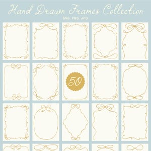 Whimsical Frames & Bows SVG Clipart Collection, PNG Wavy Frames and Hand Drawn Borders for Whimsical Wedding Invitations, Templates, Menu