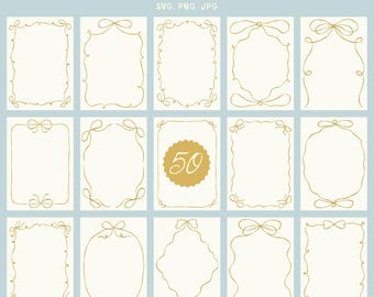 Whimsical Frames & Bows SVG Clipart Collection, PNG Wavy Frames and Hand Drawn Borders for Whimsical Wedding Invitations, Templates, Menu