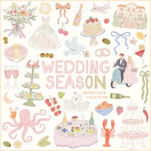 Grillige handgetekende aquarelhuwelijksillustraties, Dolce Vita Summer Doodles, Italiaanse iconen voor menu-uitnodigingen, eigenzinnige canvassjablonen