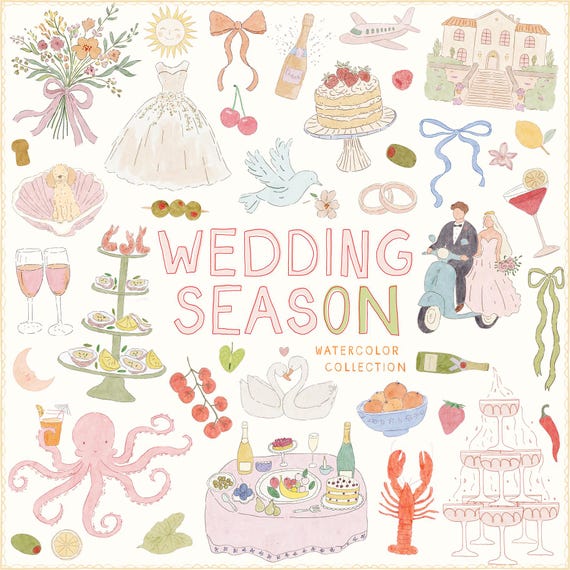 Whimsical Hand-Drawn Watercolor Wedding Illustrations, Dolce Vita Summer Doodles, Italian Icons for Menu Invitations, Quirky Canva Templates
