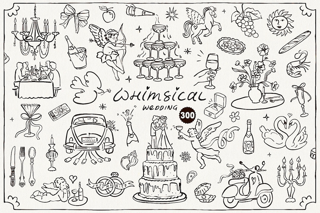 Hand Drawn Whimsical Wedding SVG Clipart Bundle of Illustrations, Icons ...