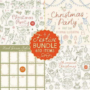 Paquete de imágenes prediseñadas navideñas SVG dibujadas a mano con ilustraciones, garabatos, íconos y fuentes festivas para invitaciones a fiestas, plantillas y menús
