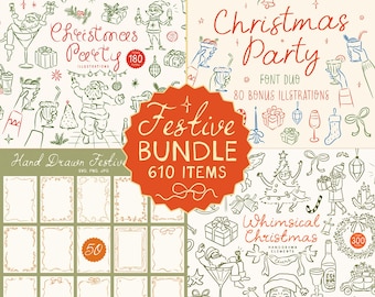 Handritad jul nyckfull SVG Clipart-paket med illustrationer, klotter, ikoner och festligt teckensnitt för festinbjudningar, mallar, menyer