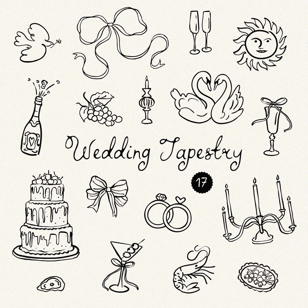 Hand Drawn Whimsical Wedding Tapestry Icons, Wedding SVG Clipart Set of ...