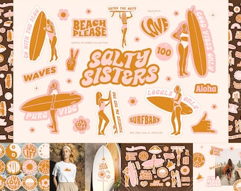 Surfing Clipart Collection, Surf Digital Stickers, Aloha Svg, Hawaii Clipart, Surf Girl, Groovy Summer, Retro Vibes, Beach Graphics, Vector