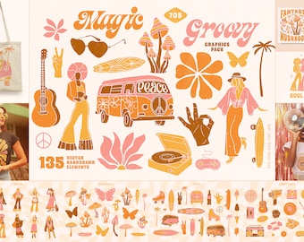 Puede incluir: Un conjunto de 135 elementos vectoriales dibujados a mano en un estilo groovy de los años 70. Los elementos incluyen signos de paz, flores, hongos, mariposas, tablas de surf, patines, una camioneta, una guitarra, un tocadiscos y una consola de juegos. El texto "Magic Groovy Graphics Pack" está incluido en la imagen.