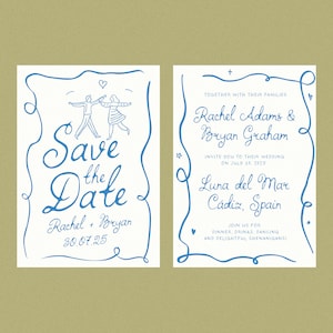 May include: Save the date card with a blue border and a hand-drawn illustration of a couple dancing. The text reads "Save the Date" with the names "Rachel + Bryan" and the date "30.07.25". The card also includes the wedding details: "Rachel Adams & Bryan Graham" and "Luna del Mar Cadiz, Spain" with the date "July 30, 2025".