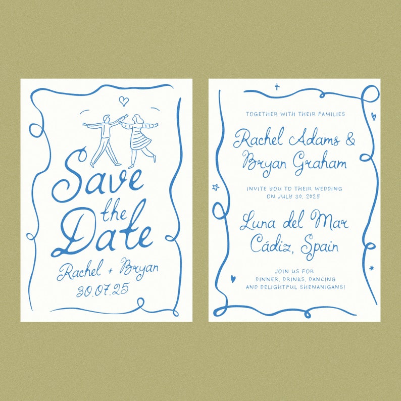 May include: Save the date card with a blue border and a hand-drawn illustration of a couple dancing. The text reads "Save the Date" with the names "Rachel + Bryan" and the date "30.07.25". The card also includes the wedding details: "Rachel Adams & Bryan Graham" and "Luna del Mar Cadiz, Spain" with the date "July 30, 2025".