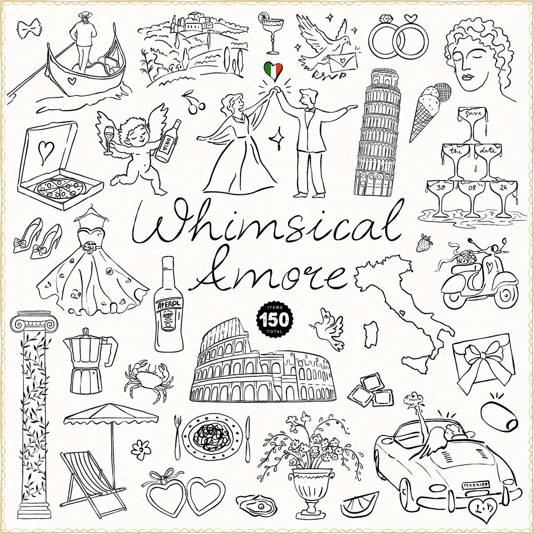 Whimsical Wedding SVG Clipart Bundle, Italian La Dolce Vita, Hand Drawn ...