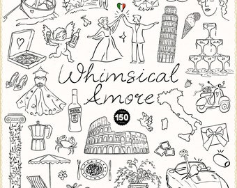 Whimsical Wedding SVG Clipart Bundle, Italian La Dolce Vita, Hand drawn Icons, PNG, Doodles, Illustrations for Invitations, Templates, Menu