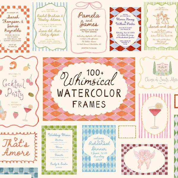 Skurrile Aquarell Rahmen Bundle, PNG Rahmen Clipart, handgezeichnete digitale Rahmen für Hochzeitseinladungs Vorlagen, Menü, Canva Vorlagen