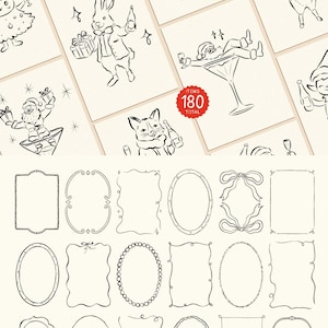 May include: A set of 18 hand-drawn black and white frames in various shapes and styles. The frames are perfect for adding a touch of whimsy to your projects.
