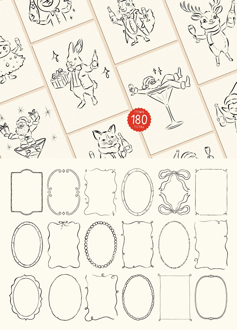 May include: A set of 18 hand-drawn black and white frames in various shapes and styles. The frames are perfect for adding a touch of whimsy to your projects.