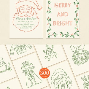 May include: A set of 300 Christmas-themed illustrations, including a snowman, a Christmas tree, a Santa Claus, a reindeer, a nutcracker, a mouse, an elf, and a sweater. The illustrations are in a hand-drawn style and are perfect for creating holiday cards, invitations, or other festive projects.
