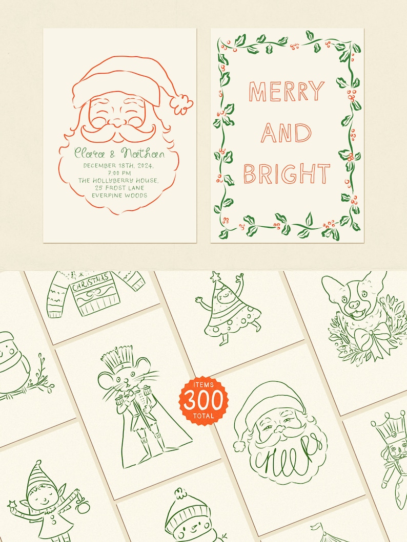 May include: A set of 300 Christmas-themed illustrations, including a snowman, a Christmas tree, a Santa Claus, a reindeer, a nutcracker, a mouse, an elf, and a sweater. The illustrations are in a hand-drawn style and are perfect for creating holiday cards, invitations, or other festive projects.