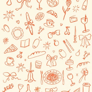 May include: Orange line drawings of various French aperitif-themed items, including wine glasses, a bottle of wine, a baguette, a plate of cheese, a plate of fruit, a plate of pasta, a candle, a bow, a star, a heart, a pear, a cherry, a cup of coffee, a fork, a knife, and a glass of water. The text "French Aperitif Clipart" is at the top of the image.
