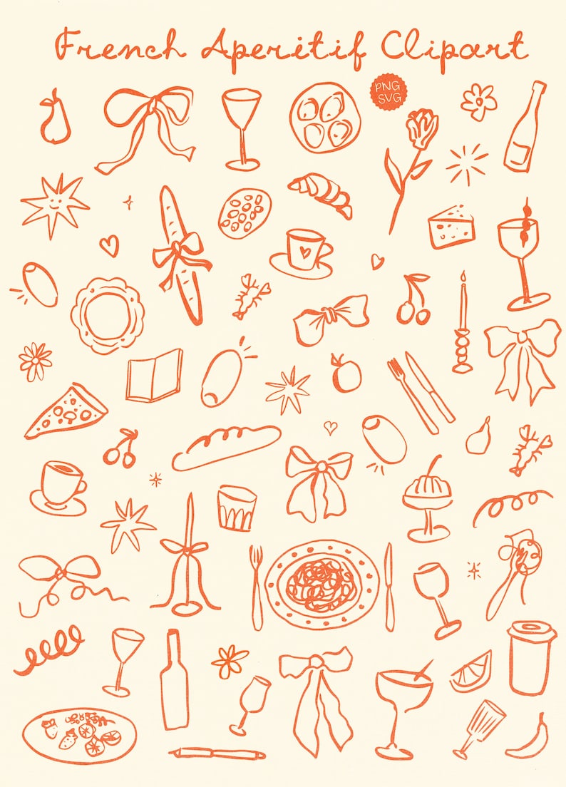 May include: Orange line drawings of various French aperitif-themed items, including wine glasses, a bottle of wine, a baguette, a plate of cheese, a plate of fruit, a plate of pasta, a candle, a bow, a star, a heart, a pear, a cherry, a cup of coffee, a fork, a knife, and a glass of water. The text "French Aperitif Clipart" is at the top of the image.