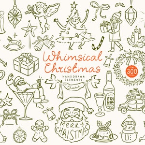 Ręcznie rysowane kapryśne świąteczne SVG Clipart Bundle of Illustrations, Icons for Christmas Invitations and Templates, Doodles, Characters, Menu