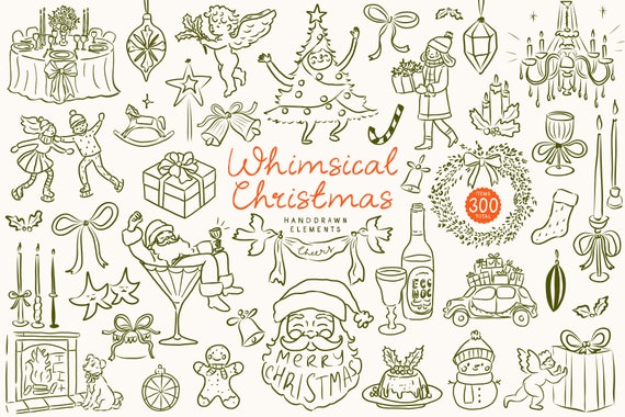 Hand Drawn Whimsical Christmas SVG Clipart Bundle of Illustrations, Icons for Christmas Invitations and Templates, Doodles, Characters, Menu