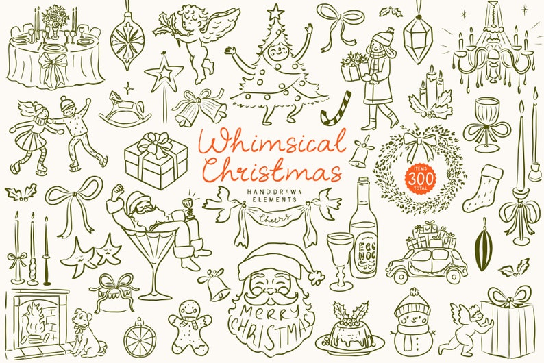 May include: A set of 300 whimsical Christmas illustrations in black and white. The illustrations include a variety of holiday themes, such as a Christmas tree, Santa Claus, a snowman, a gingerbread man, a reindeer, a stocking, a wreath, a bell, a candle, a gift, a candy cane, a star, a snowflake, a holly sprig, a mistletoe sprig, a Christmas ornament, a Christmas carol, a Christmas greeting, and a Christmas celebration.