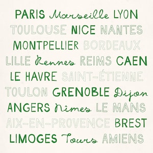 May include: A green and white graphic with the names of major cities in France. The cities are listed in a vertical column, with the largest cities at the top and the smaller cities at the bottom. The text is in a handwritten style.