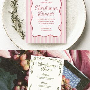 May include: A pink and white striped invitation card with a red bow and the text "The Johnson Family Christmas Dinner" with the date and time of the event. A separate white card with a green border and the text "Christmas Menu" with the menu items listed: Entree, Roasted Butternut Squash Soup, Classic Prawn Cocktail, Mains, Traditional Roast Turkey, Honey-Glazed Ham, Desserts, Christmas Pudding with Brandy Sauce, Spiced Apple Tart.