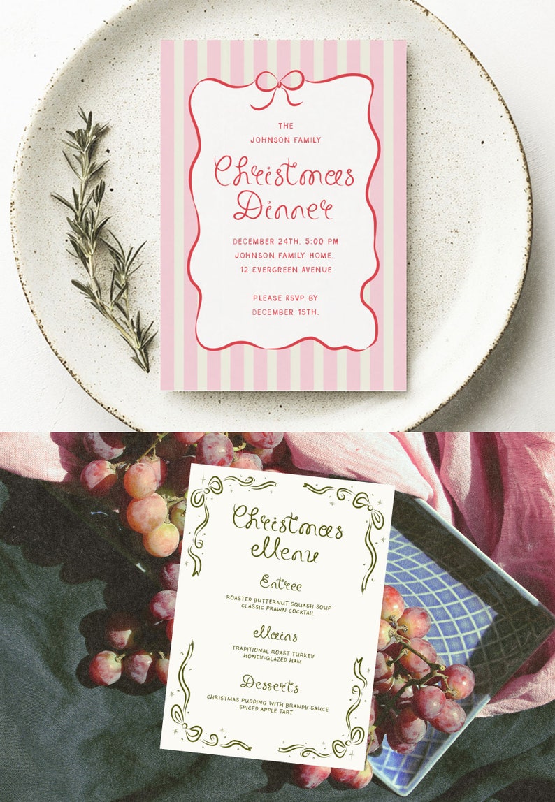 May include: A pink and white striped invitation card with a red bow and the text "The Johnson Family Christmas Dinner" with the date and time of the event. A separate white card with a green border and the text "Christmas Menu" with the menu items listed: Entree, Roasted Butternut Squash Soup, Classic Prawn Cocktail, Mains, Traditional Roast Turkey, Honey-Glazed Ham, Desserts, Christmas Pudding with Brandy Sauce, Spiced Apple Tart.