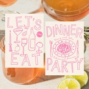 May include: Two pink and white illustrated cards with the text "Let's Eat" and "Dinner Stacy and John Rehearsal Dinner Party".