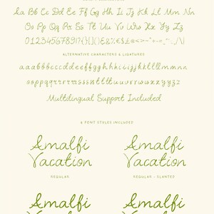 May include: A font sample image showing the different styles of the Amalfi Vacation font. The font is a cursive script style with four different styles: regular, regular slanted, bold, and bold slanted. The image shows the alphabet, numbers, and punctuation marks in each style.