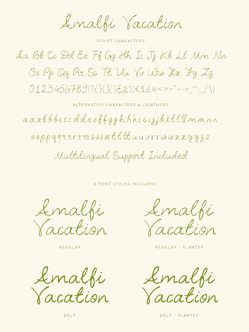 May include: A font sample image showing the different styles of the Amalfi Vacation font. The font is a cursive script style with four different styles: regular, regular slanted, bold, and bold slanted. The image shows the alphabet, numbers, and punctuation marks in each style.