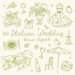 May include: Green line drawings of Italian wedding themed illustrations.  The illustrations include a scooter, a wedding dress, a bouquet of flowers, a glass of wine, a plate of pasta, a lemon, a church, a bottle of wine, a chair, an umbrella, and a plate of olives.