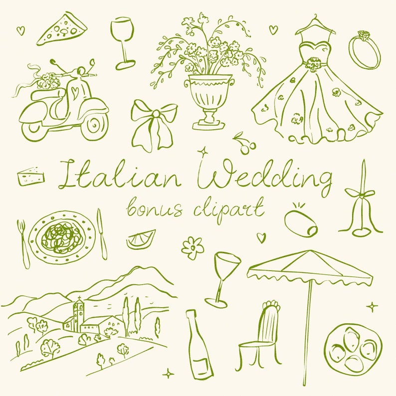May include: Green line drawings of Italian wedding themed illustrations.  The illustrations include a scooter, a wedding dress, a bouquet of flowers, a glass of wine, a plate of pasta, a lemon, a church, a bottle of wine, a chair, an umbrella, and a plate of olives.