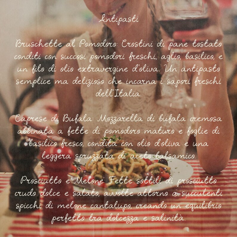 May include: A close-up of a plate of Italian antipasti, including bruschetta with tomatoes, caprese salad with mozzarella and tomatoes, and prosciutto and melon. The text on the image reads "Antipasti" and describes each dish.