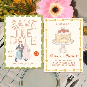 Może przedstawiać: Dwie karty z zaproszeniem na ślub z zieloną i białą ramką. Pierwsza karta przedstawia parę jadącą na skuterze z tekstem "Save the Date" i "Marie + Frank" z datą "15.06.2027". Druga karta przedstawia tort z truskawkami i tekstem "W hołdzie dla Marie + Frank" z datą "15.06.27. 18:00" i lokalizacją "LA CASA BELLA, 789 SUNSET BOULEVARD".