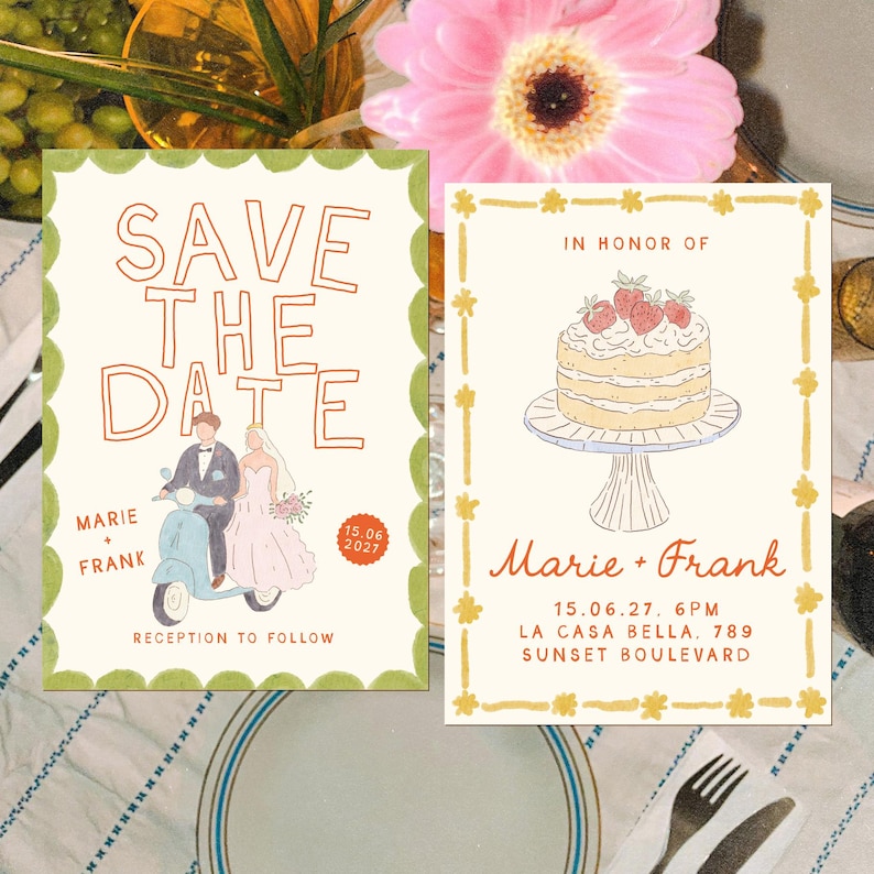 Może przedstawiać: Dwie karty z zaproszeniem na ślub z zieloną i białą ramką. Pierwsza karta przedstawia parę jadącą na skuterze z tekstem "Save the Date" i "Marie + Frank" z datą "15.06.2027". Druga karta przedstawia tort z truskawkami i tekstem "W hołdzie dla Marie + Frank" z datą "15.06.27. 18:00" i lokalizacją "LA CASA BELLA, 789 SUNSET BOULEVARD".