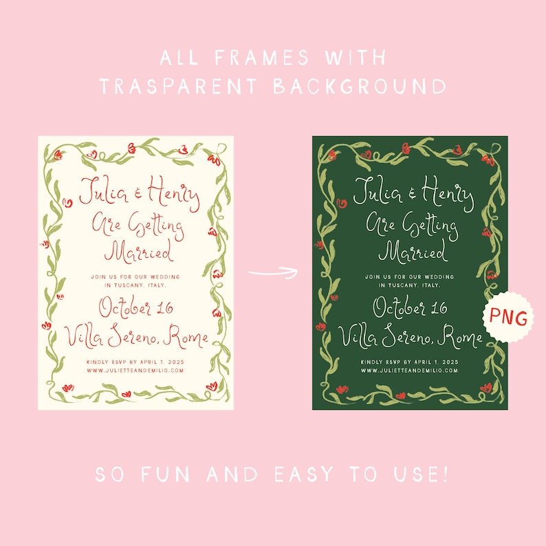 May include: A wedding invitation with a green and white floral border. The text reads "Julia & Henry Are Getting Married" and includes the date "October 16" and the location "Villa Sereno, Rome".