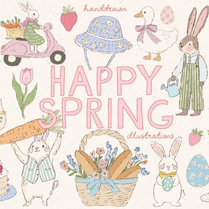 Pasen-illustraties Clipart, grillige lenteillustraties, schattige pictogrammen voor een kinderkamer, canvassjablonen, uitnodigingen, handgetekende lente