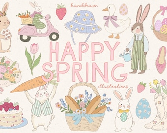 Easter Illustrations Clipart, Whimsical Spring Illustrations, Cute Icons for a Nursery, Canva Templates, Invitations, Hand-drawn Spring