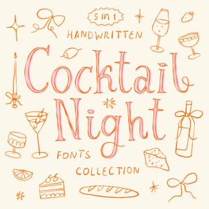 Familia de fuentes manuscritas informales para la noche de cócteles, invitaciones de boda extravagantes, fuentes para menús, garabatos extravagantes, carteles divertidos, invitaciones personalizadas
