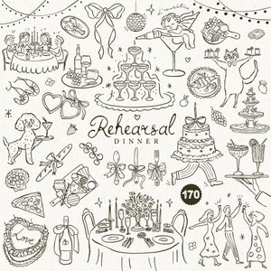 May include: Black and white line art illustration of a rehearsal dinner with various elements including a wedding cake, champagne flutes, a dog, a heart, a pizza, a plate of food, a table setting, and the text "Rehearsal Dinner".