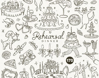 Ręcznie rysowane ślubne SVG Clipart Bundle na zaproszenie na kolację, próbną kolację, fantazyjne szablony ślubne, ikony ilustracji menu, bazgroły