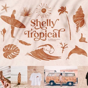 Bundle de cliparts été rétro, illustration de surf, cowgirl côtière, groove rétro, bonnes vibrations, graphiques de plage, surf Svg, clipart coquillage