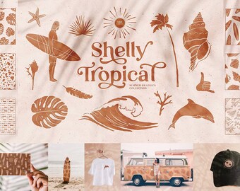 Retro Summer Clipart Bundle, Surfing Illustration, Coastal Cowgirl, Retro Groovy, Good Vibes, Beach Graphics, Surf Svg, Seashell Clipart