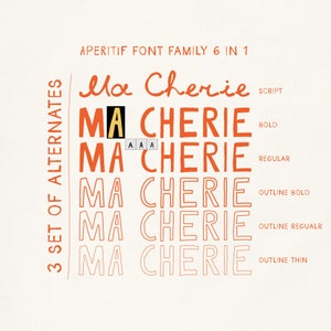May include: A set of six font variations for the word "Ma Cherie" in a handwritten style. The font styles include script, bold, regular, outline bold, outline regular, and outline thin.
